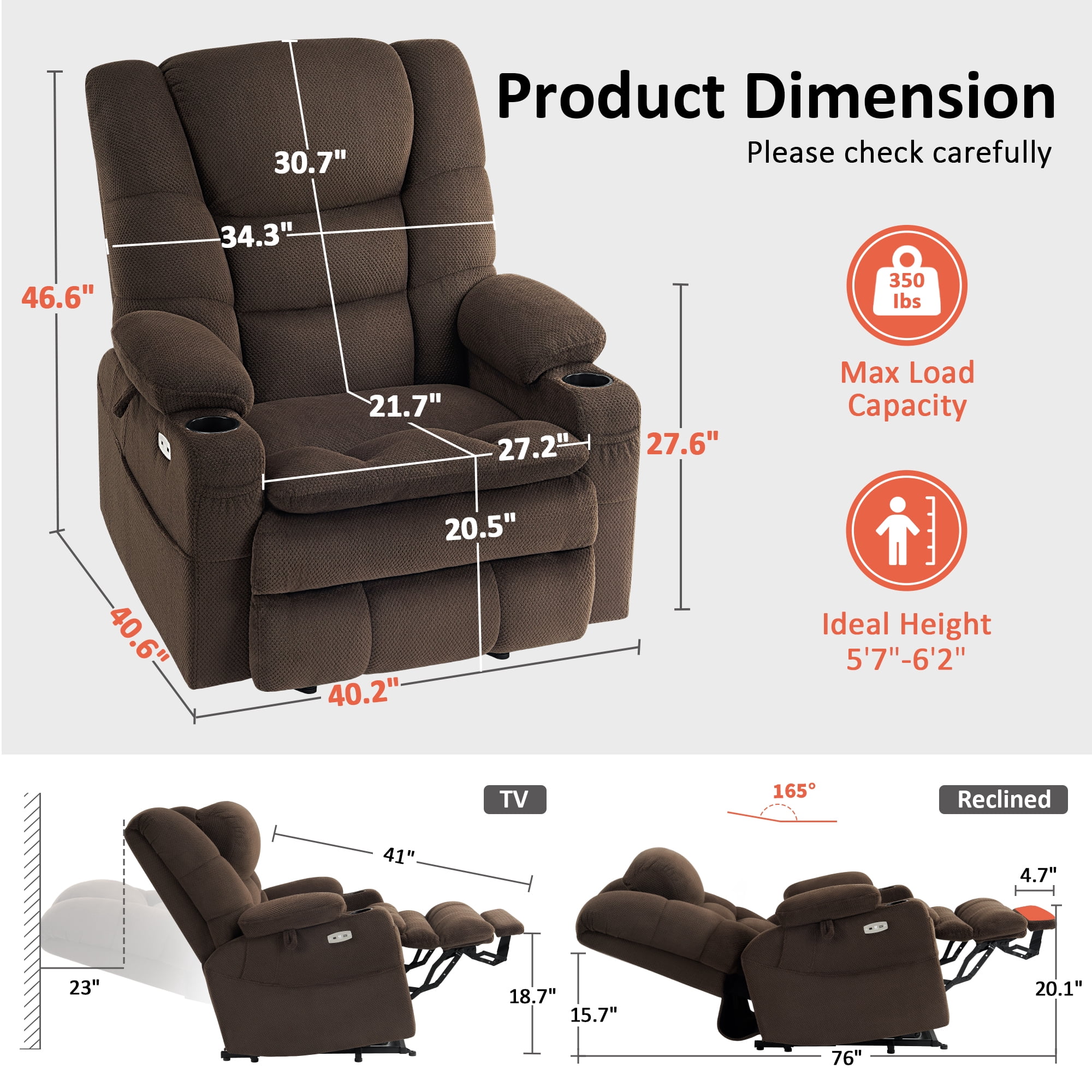 MCombo Oversized Triple Motor Power Lift Recliner with Adjustable Headrest for Big Tall Elderly, Fabric(Coffee, Large-Wide)