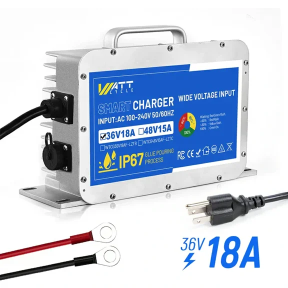 WattCycle 36V 18A LiFePO4 Lithium Battery Charger for 36V Lithium LiFePO4 Golf Cart Batteries, 43.8V 18A, Aluminum Shell
