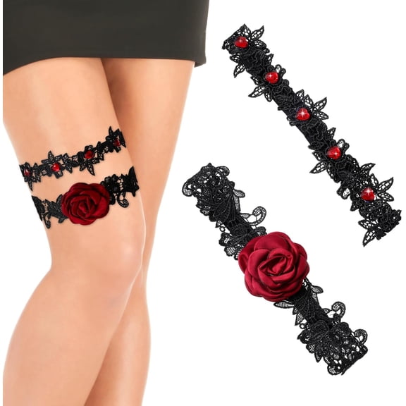 2Pcs Wedding Garters for Bride, Floral Lace Thigh Garter with Red Rhinestone, Wedding Bridal Accossories for Women and Girls