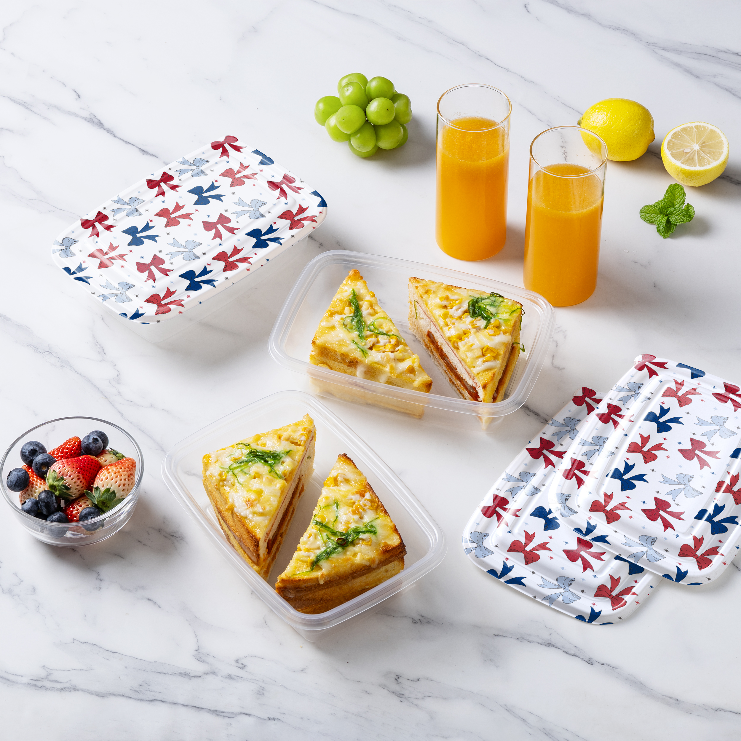 Cook With Color 12 Piece Stackable Plastic Food Storage Container Set, 1000 ml Rectangular Containers with Printed Lids, Bows