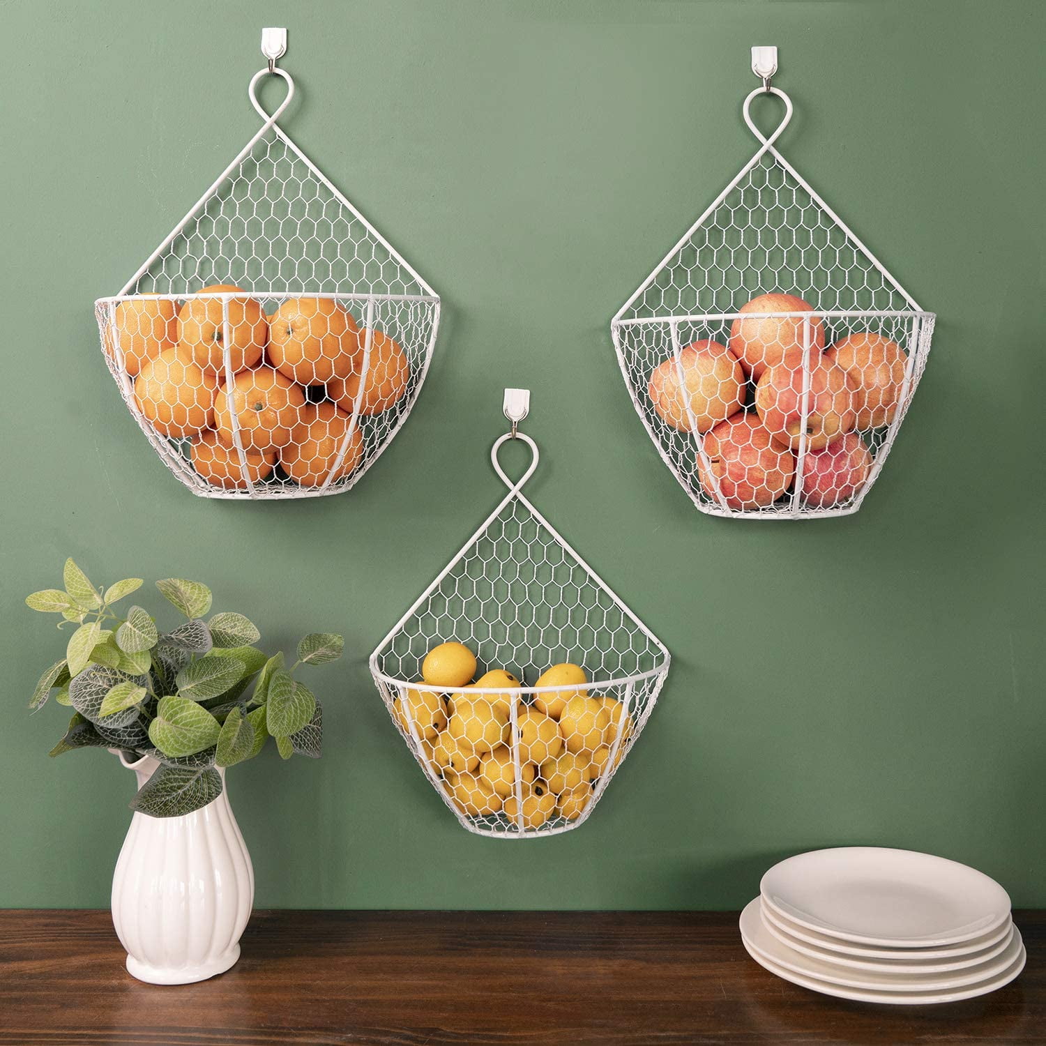 MyGift White Metal Chicken Wire Wall Hanging Baskets, Set of 3