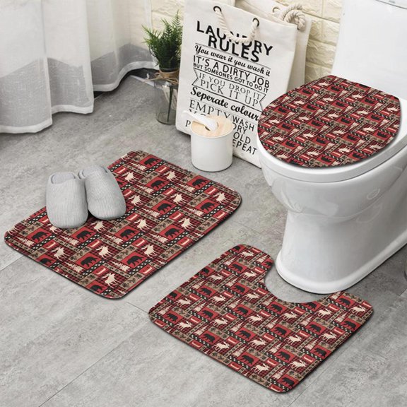 Red Christmas Animal and Tree Pattern Bathroom Rugs Sets 3 Piece,Toilet Cover Set,Absorbent Non Slip Bathroom Mats Sets with U-Shaped Contour Rug Toilet Rug Set
