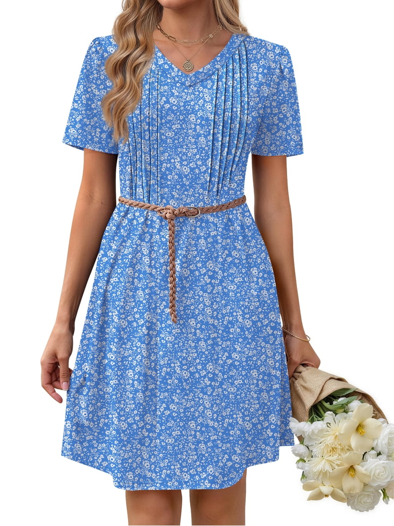 Fantaslook Summer Dresses for Women Short Sleeve Pleated V Neck Dress A Line Casual Tunic Dresses with Pockets Fantaslook Summer Dresses for Women Short Sleeve Pleated V Neck Dress A Line Casual Tunic Dresses with Pockets