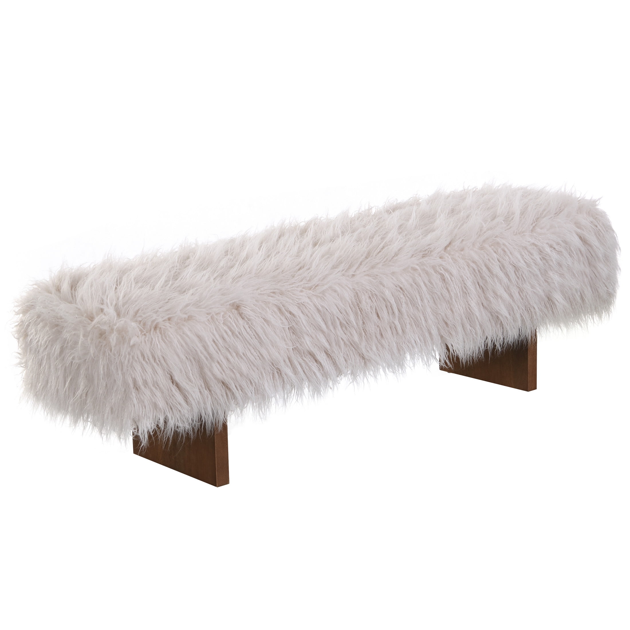 Christopher Knight Home 67" Wooden Bench with Long-Haired Faux Wool Upholstery, 3-Person Seat, Brown+White