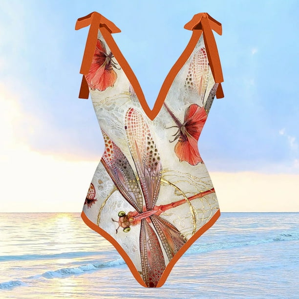 Traje de baño de una pieza para mujer Bikini de playa sexy con lazo de gasa con estampado floral (L) Sywqhk Para Estrenar