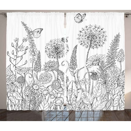 Floral Curtains 2 Panels Set Sketchy Hand Drawn Style Garden With