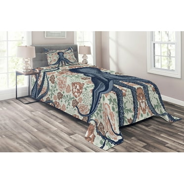Ambesonne Octopus Quilted Coverlet 2 Pcs, Animal on Retro Flowers, Twin Size, Multicolor
