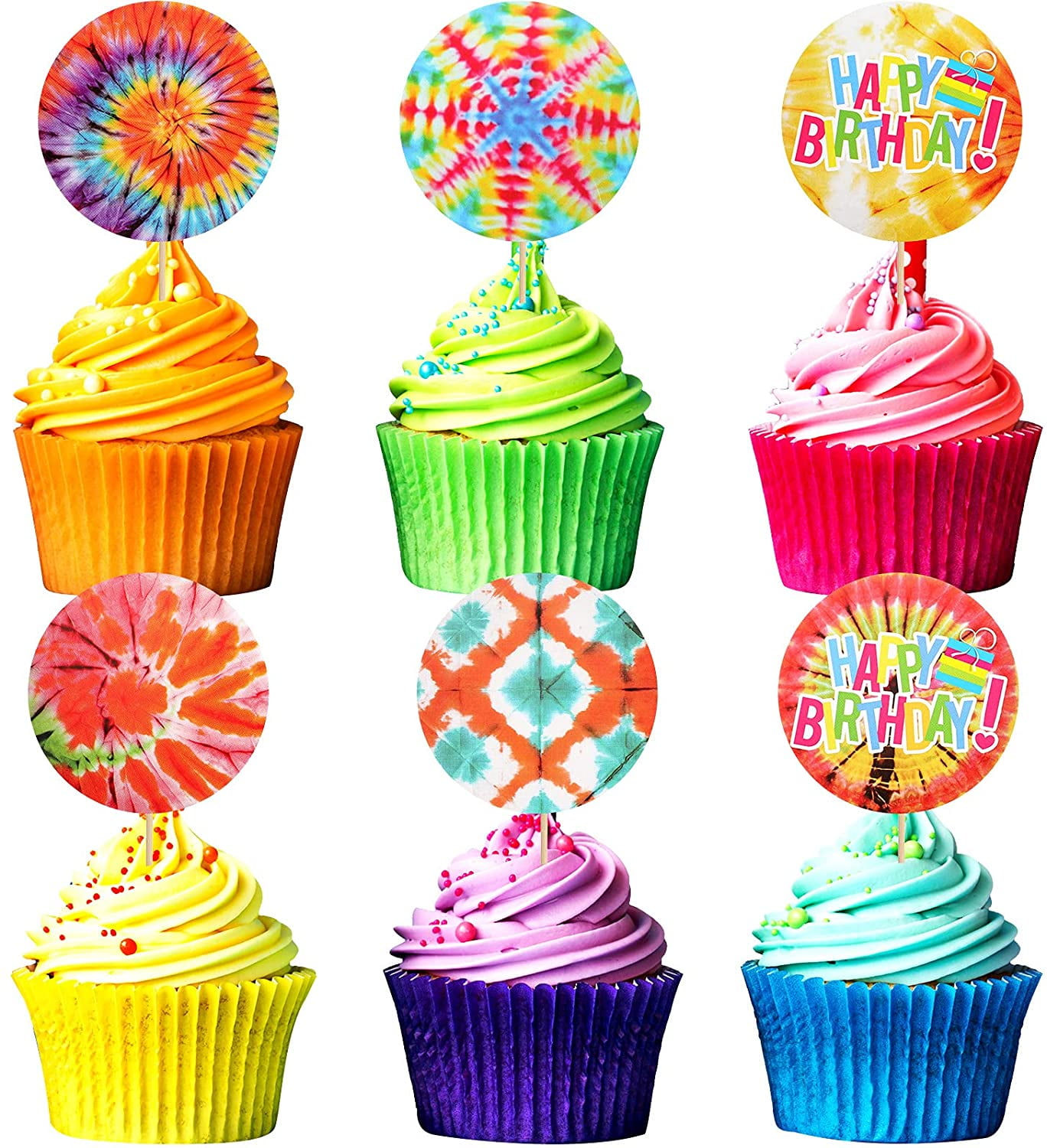 48 Pieces Tie Dye Cupcake Toppers Colorful Happy Birthday Cupcake Picks