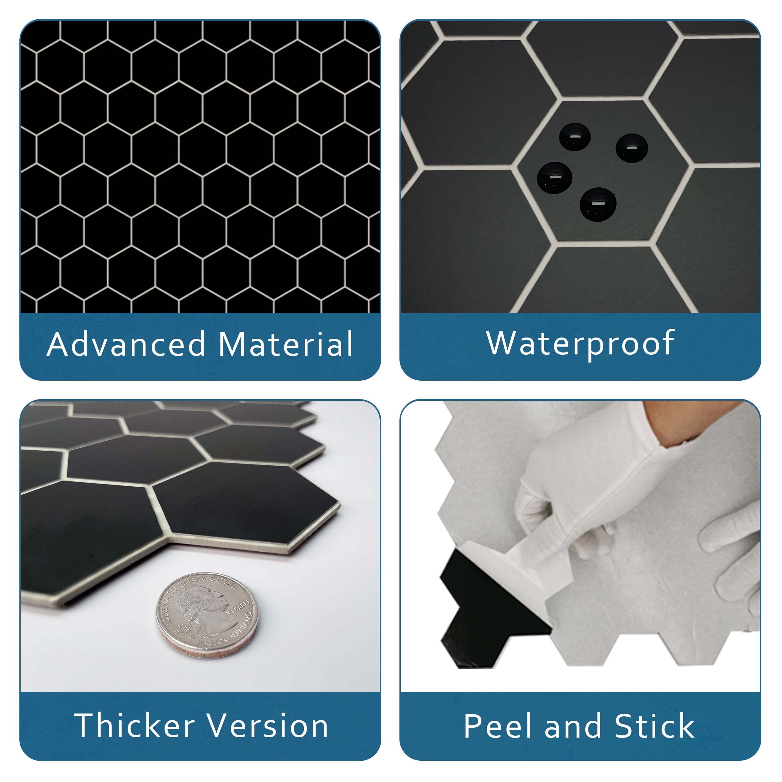 Sunwings Peel and Stick Backsplash Tile in Hexagon for Kitchen Bathroom Fireplace (10 Tiles,  Black)
