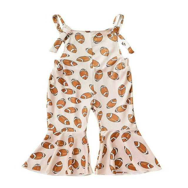 Toddler Baby Girl Football Season Spaghetti Strap Jumpsuit Rugby Bell Bottom Romper Overalls Flared Pants Outfit