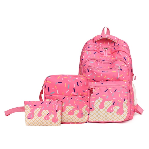 3PCS Ice Cream Print Backpack Set Cute Dripping Pattern Multi Compartment Bookbag With Matching Crossbody Bag Pouch Lightweight Daypack For Daily Campus Travel