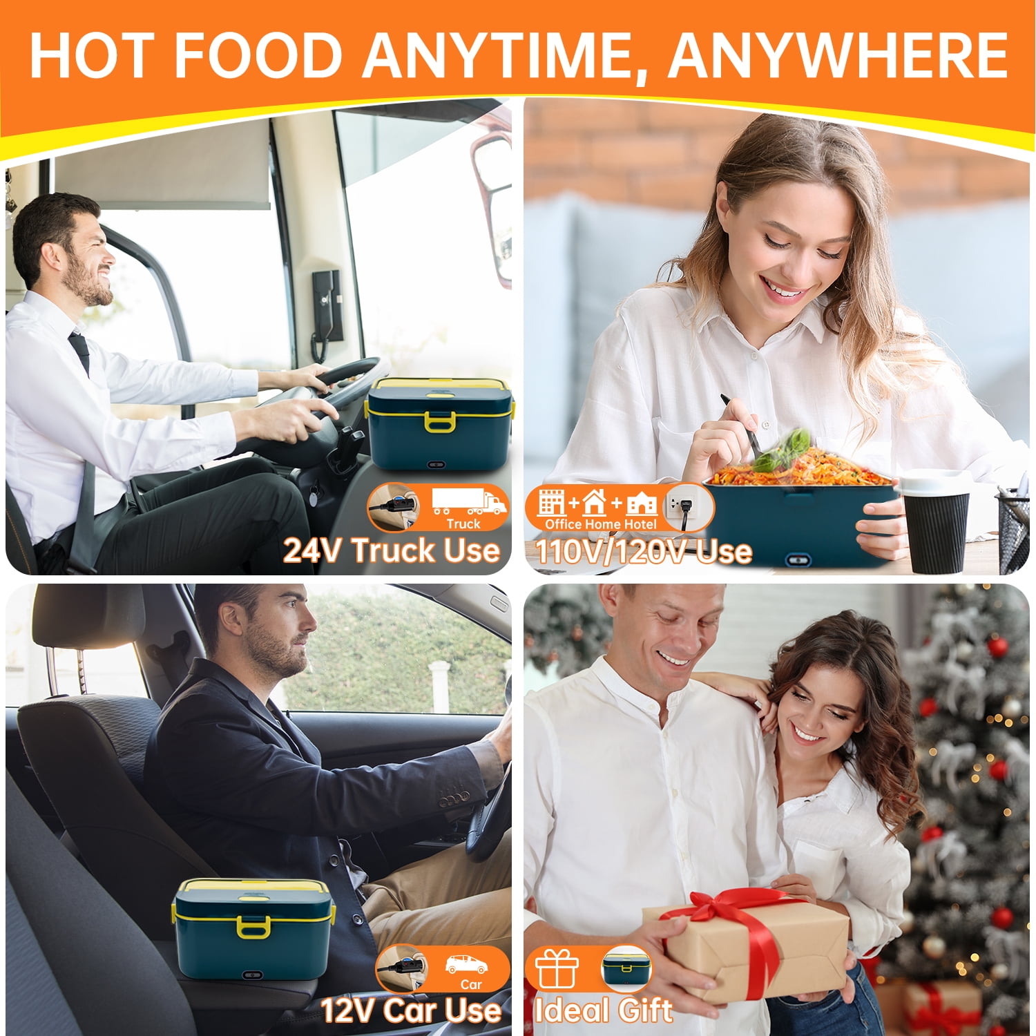 Aotto Electric Lunch Box, 90W Heated Lunch Box for Adults, 2L Faster Portable Food Warmer 12V/24V/110V for Work/Travel/Car/Truck - Leakproof, Stainless Steel Container, Carry Bag, Blue