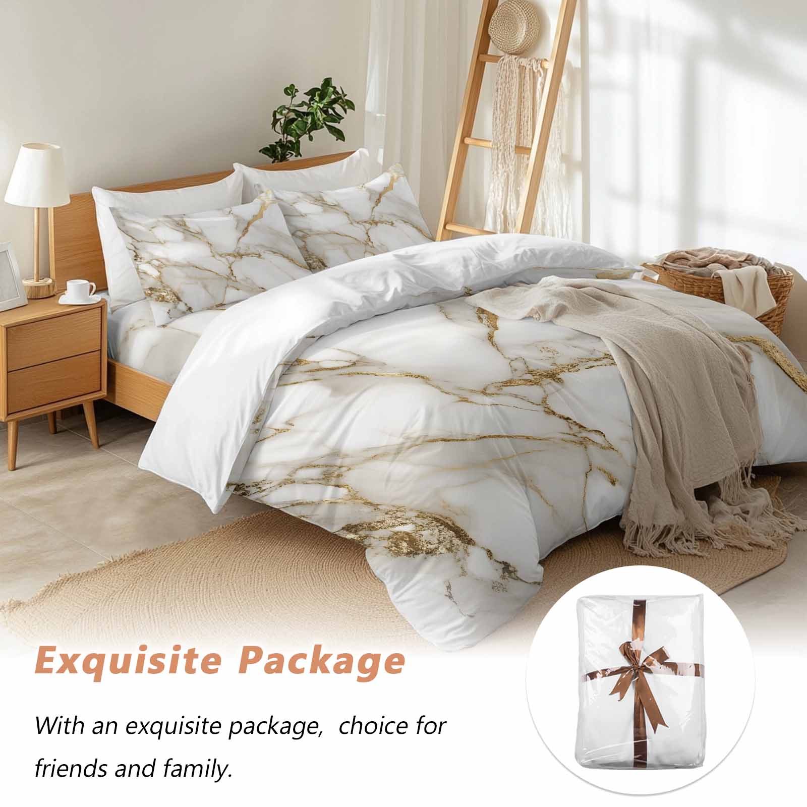 Abstract Duvet Cover Set Queen Size White Marble Pattern Gold Crack Texture Minimalism Soft Lightweight Comforter Covers 4 Piece Bedding Set with 1 Duvet Cover 1 Bed Sheet & 2 Pillow Shams