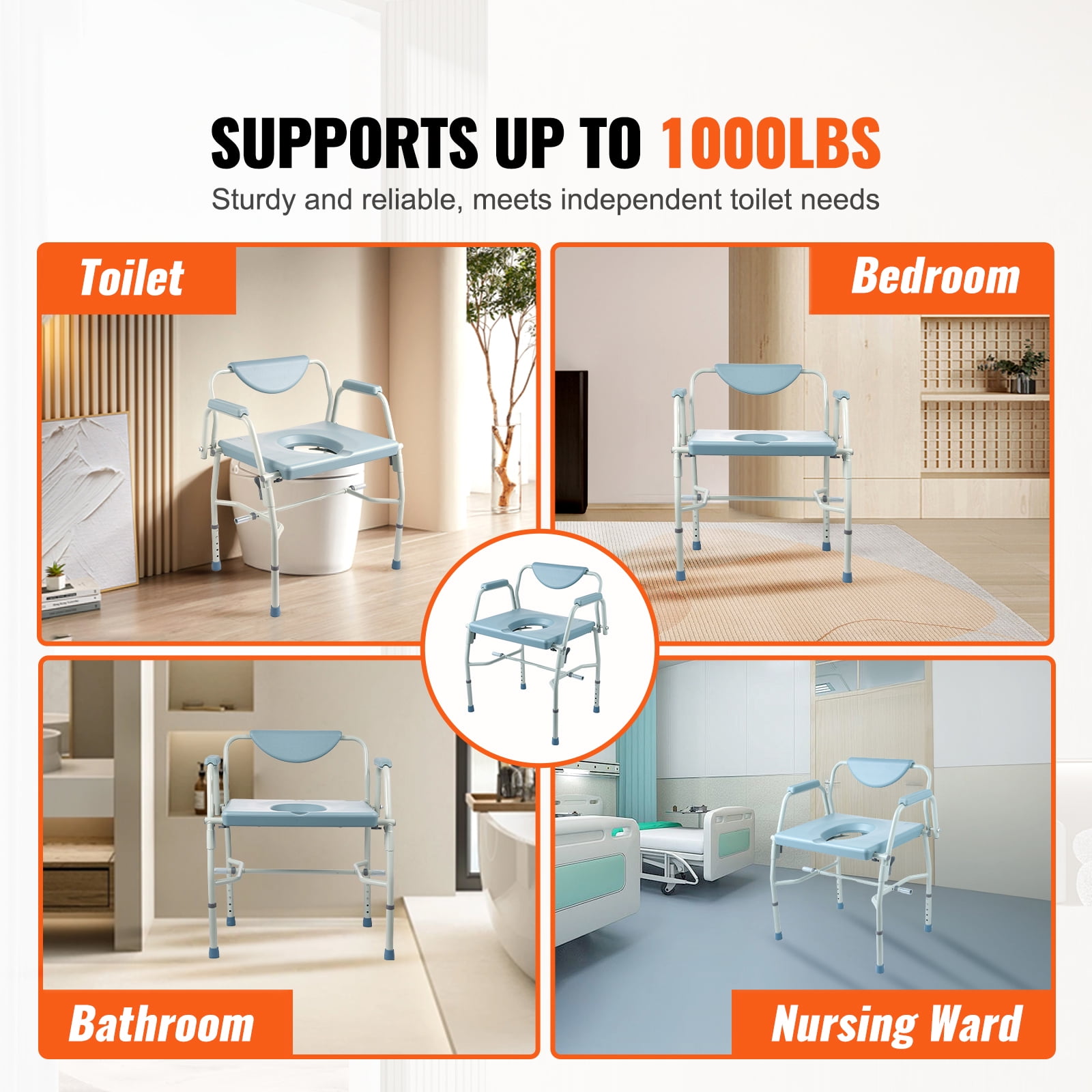 KFFKFF Portable Commode Chair, Adjustable Height with 5 Levels, Drop-Arm Design, Detachable Backrest, 7L Easy-Clean Bucket, Quick Assembly, Supports up to 1000lbs, Ideal for Elderly and Adults