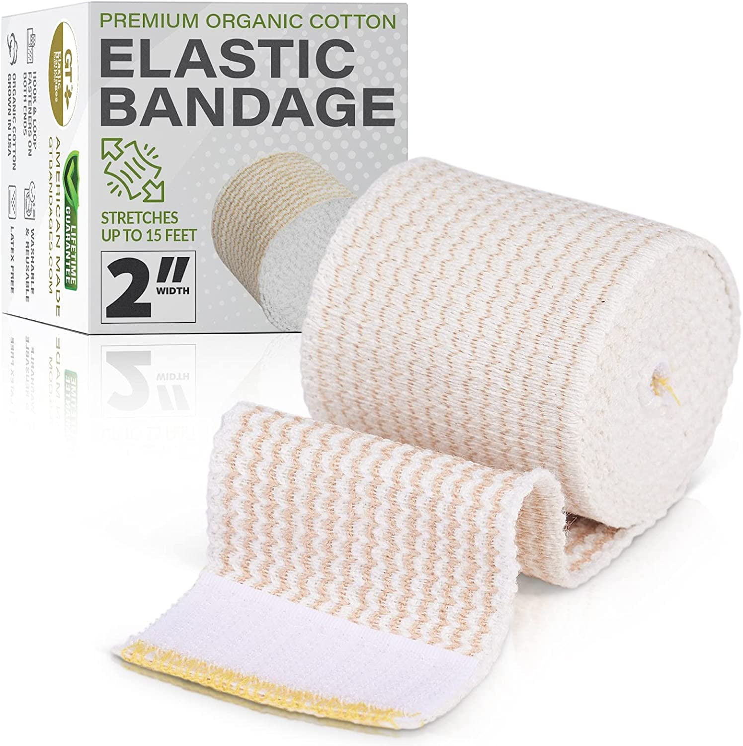 GT USA Organic Cotton Elastic Bandage Wrap (2' Wide, 1 Pack) | Hook & Loop Fasteners at Both Ends | Latex Free | Hypoallergenic Compression Roll for Sprains & Injuries