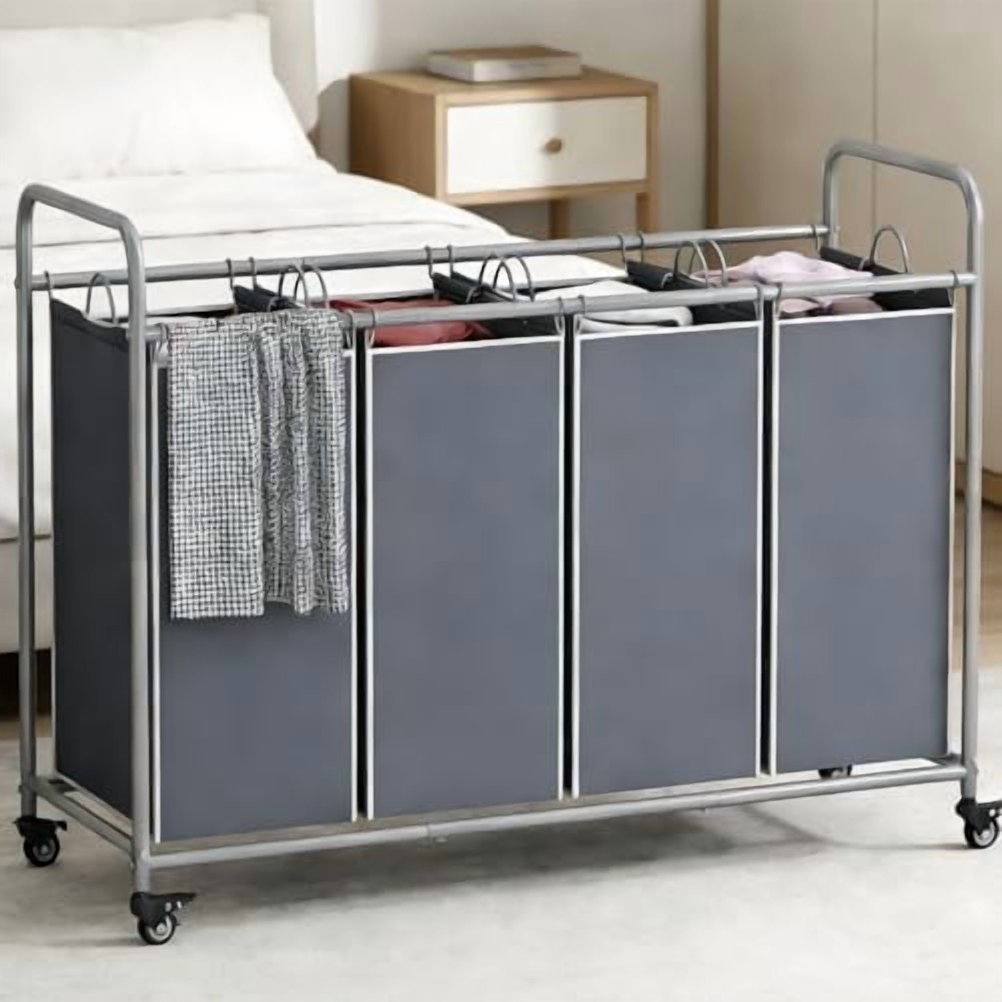 Laundry Basket, 4-Bag Laundry Hamper, Grey Laundry Sorter with Heavy Duty Lockable Rolling Wheels, Laundry Room Organization with Removable Bags Basket Separator for Dirty Clothes Storage