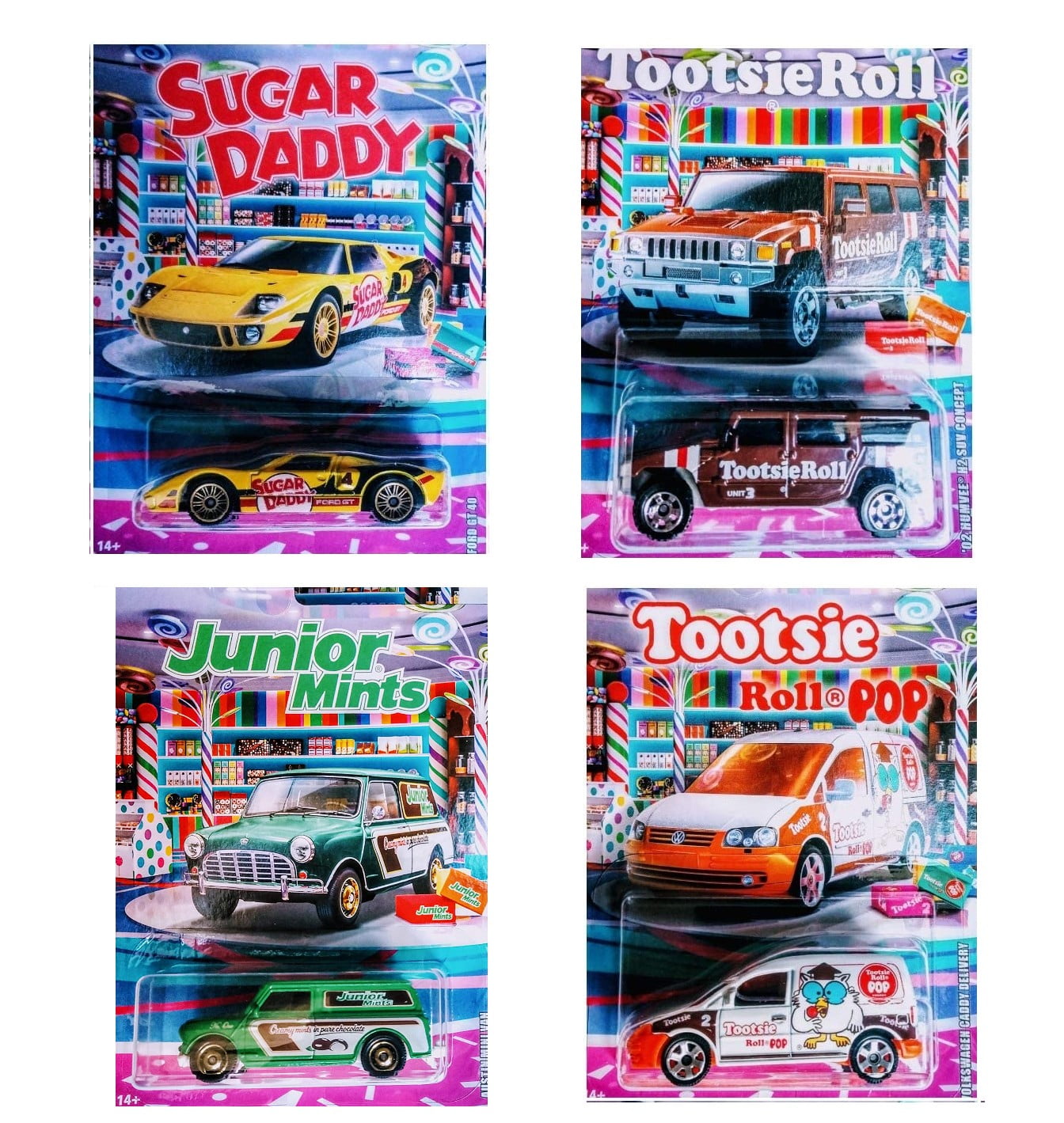 Set of 4 Matchbox 2020 Candy Theme Car Set Ford GT40 Humvee H2 Volkswagon Caddy Austin Mini Van Vehicles Action Toy Collectibles