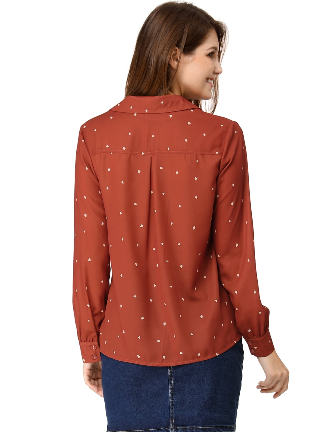 DARING DIVA Women's Notched Lapel V Neck Heart Polka Dots Shirt M Brown Red