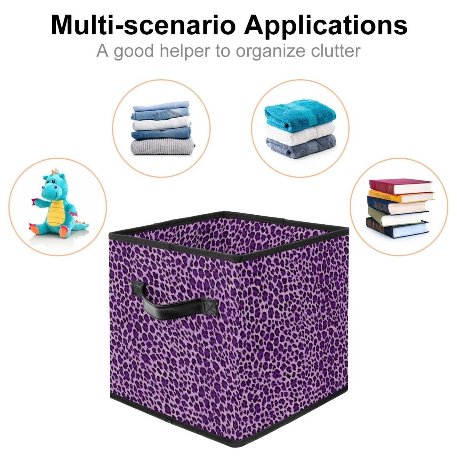 RATGDN Collapsible Fabric Cube Storage Bin with Double Handles for Living Room Bedroom Office Black - Deep Purple Leopard Print