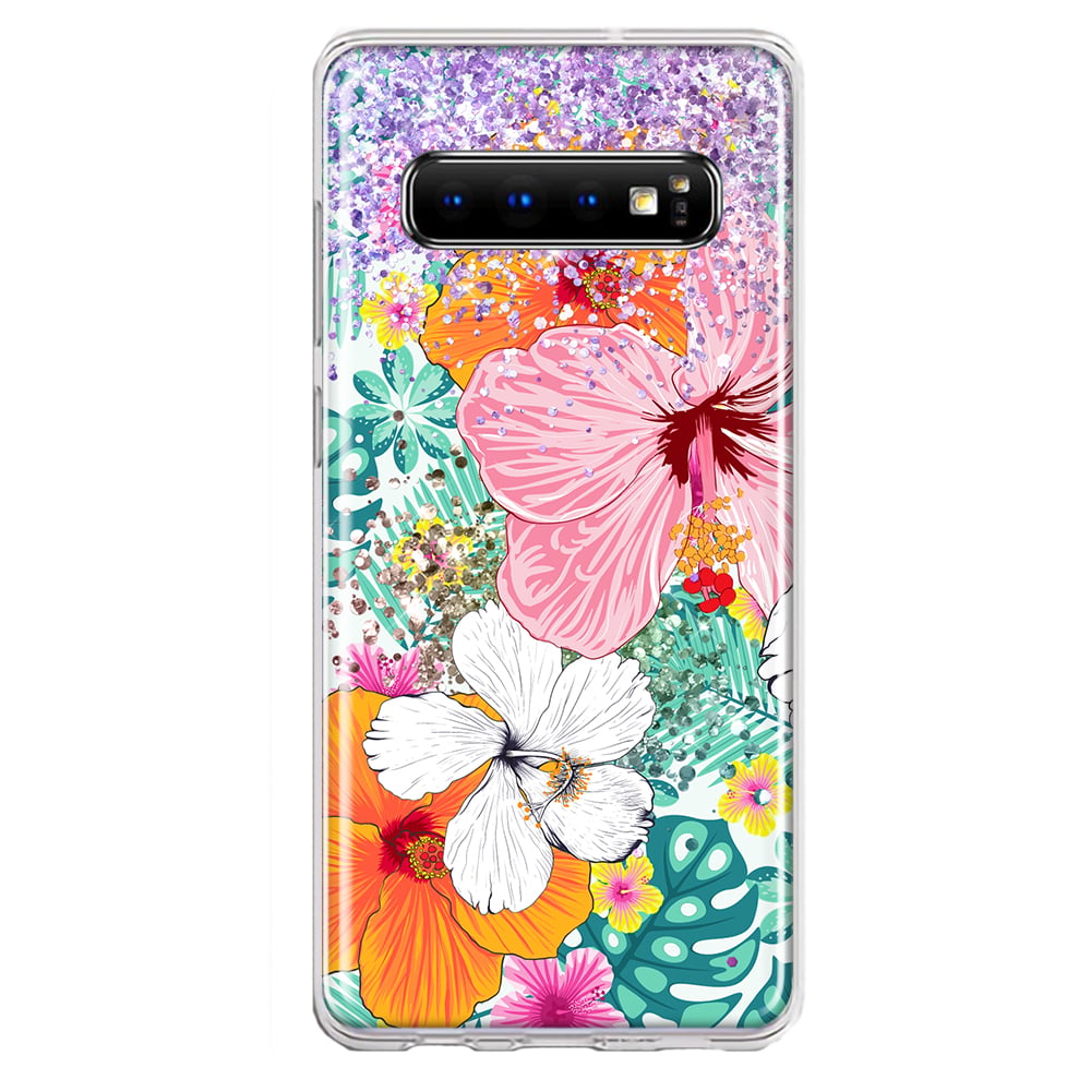 MUNDAZE Samsung Galaxy S10 Plus Shockproof Clear Hybrid Protective Phone Case Hawaiian Vibes Hibiscus Flowers Monstera Summer Cover