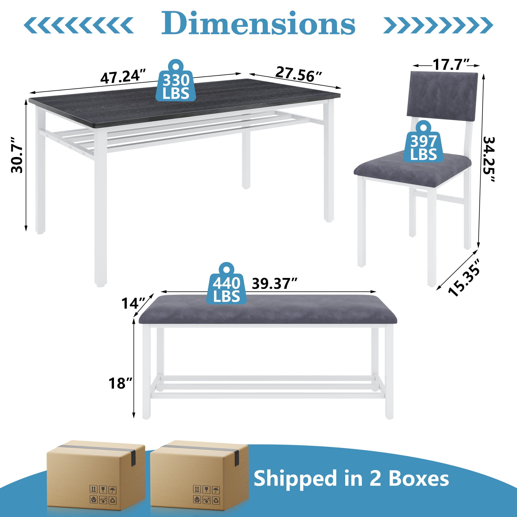 PORKISS Dining Table Set for 6, 6-Piece Dining Room Set with Wooden Table Top, Velvet Upholstery Chairs and Bench, Kitchen Table and Chairs Set with Metal Frame Storage, Dinette Sets, Gray+White
