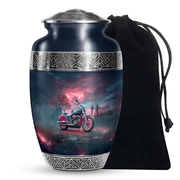 JAGASY Bike Funeral Urn for Ashes Adult Male, Dark Blue Large Urn for Human Ashes, Sunset Clouds Cemetery Trees Decorative Urns for Mom, Burial Urns for Parents, (10 Inch)