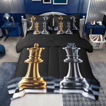 jejeloiu Chess Games 7 Pieces Bedding Comforter Set,Gold Black Full Bedding Set For Boys Kids Reversible