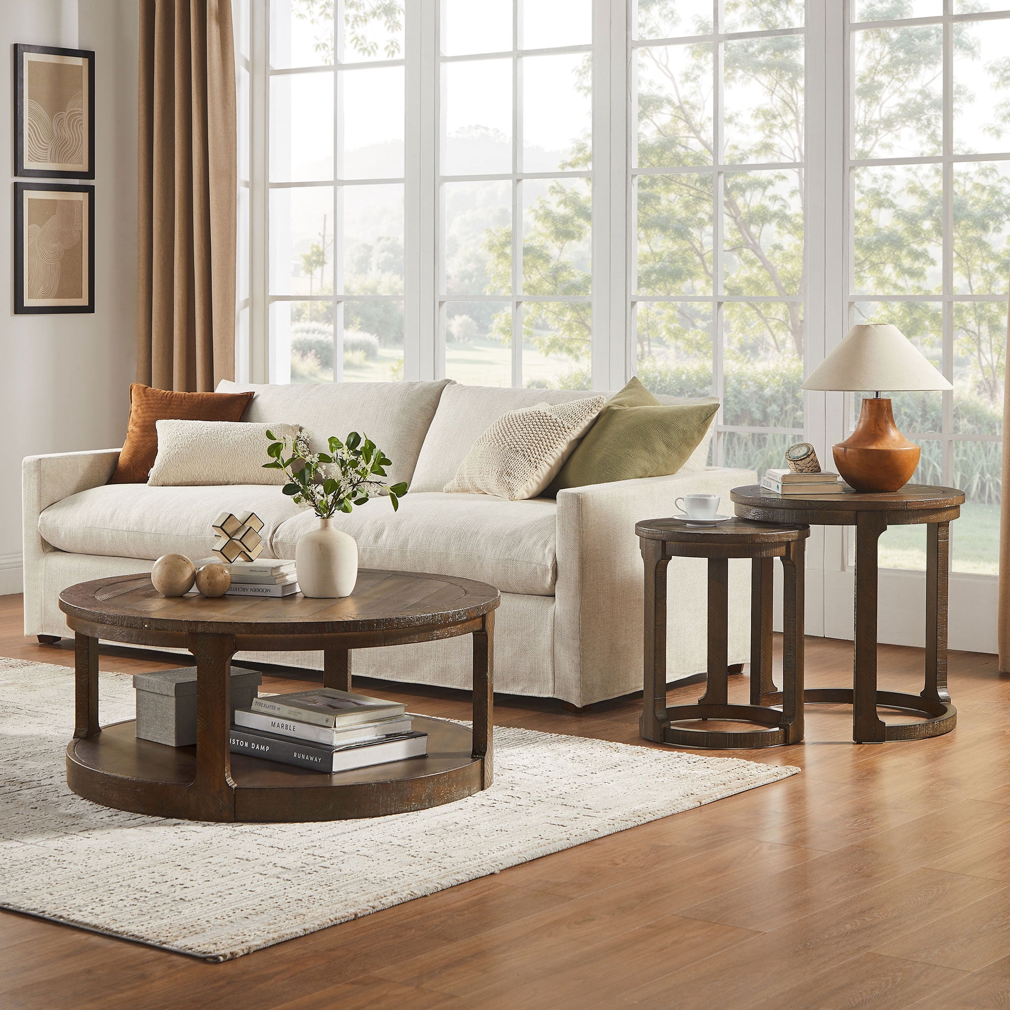 Kevinplus 40“ Mid Century 2 Tier Round Wooden Center Coffee Table with Wheels for living Room, Office, Apartment,Brown