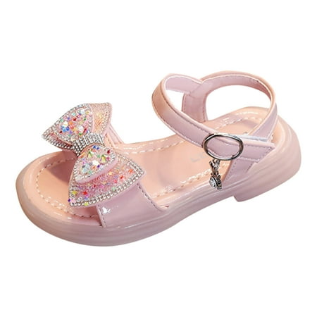 

NIUREDLTD Summer Girls Sandals Flat Bottom Soft Breathable Comfortable Buckle Rhinestone Bow Casual Style Size 32