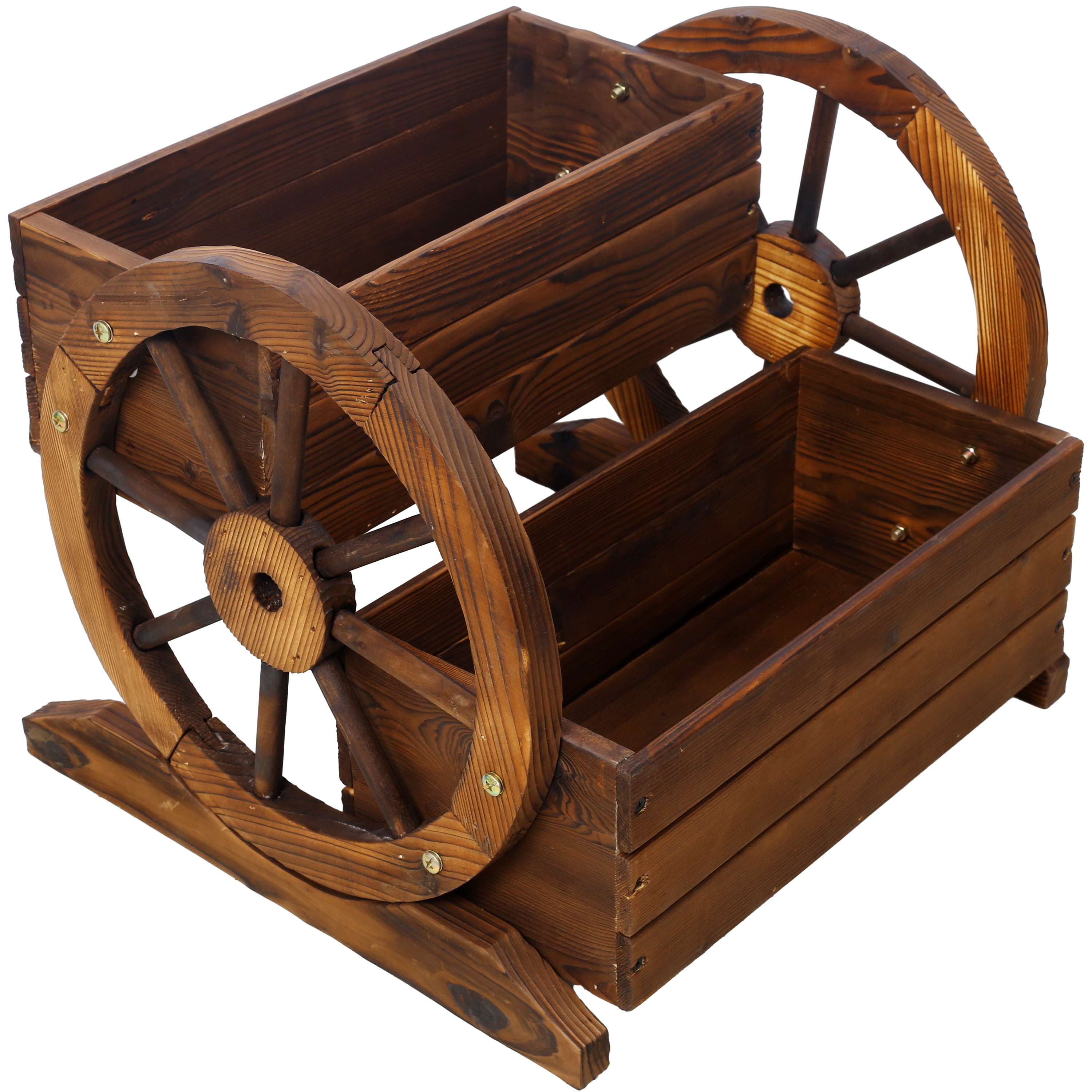 2 Tier Wooden Wagon Planter Box with Wheels Garden Planter Decorative Flower Cart for Indoor Outdoor Patio Garden Balcony Planting Flowers Herbs Vegetables