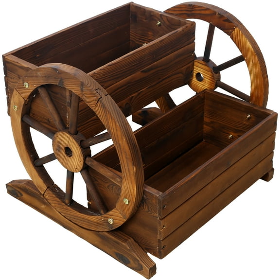 【LuckyNote】Farmhouse Wooden Wagon Planter Box with Wheels, 2-Tier Rustic Flower Cart for Patio, Garden, Balcony, Indoor & Outdoor Decor
