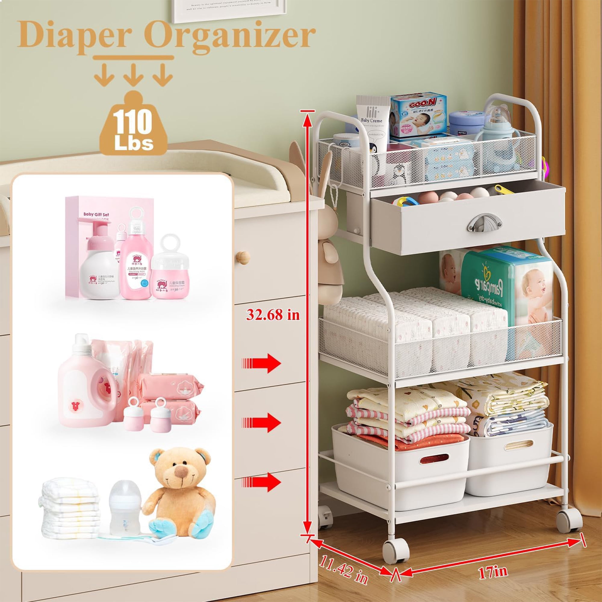 Gofinoday Baby Diaper Caddy Cart, 3-Tier Diaper Caddy Organizer with Drawer, Dividers & Lockable Wheels, White Nursery Storage Cart