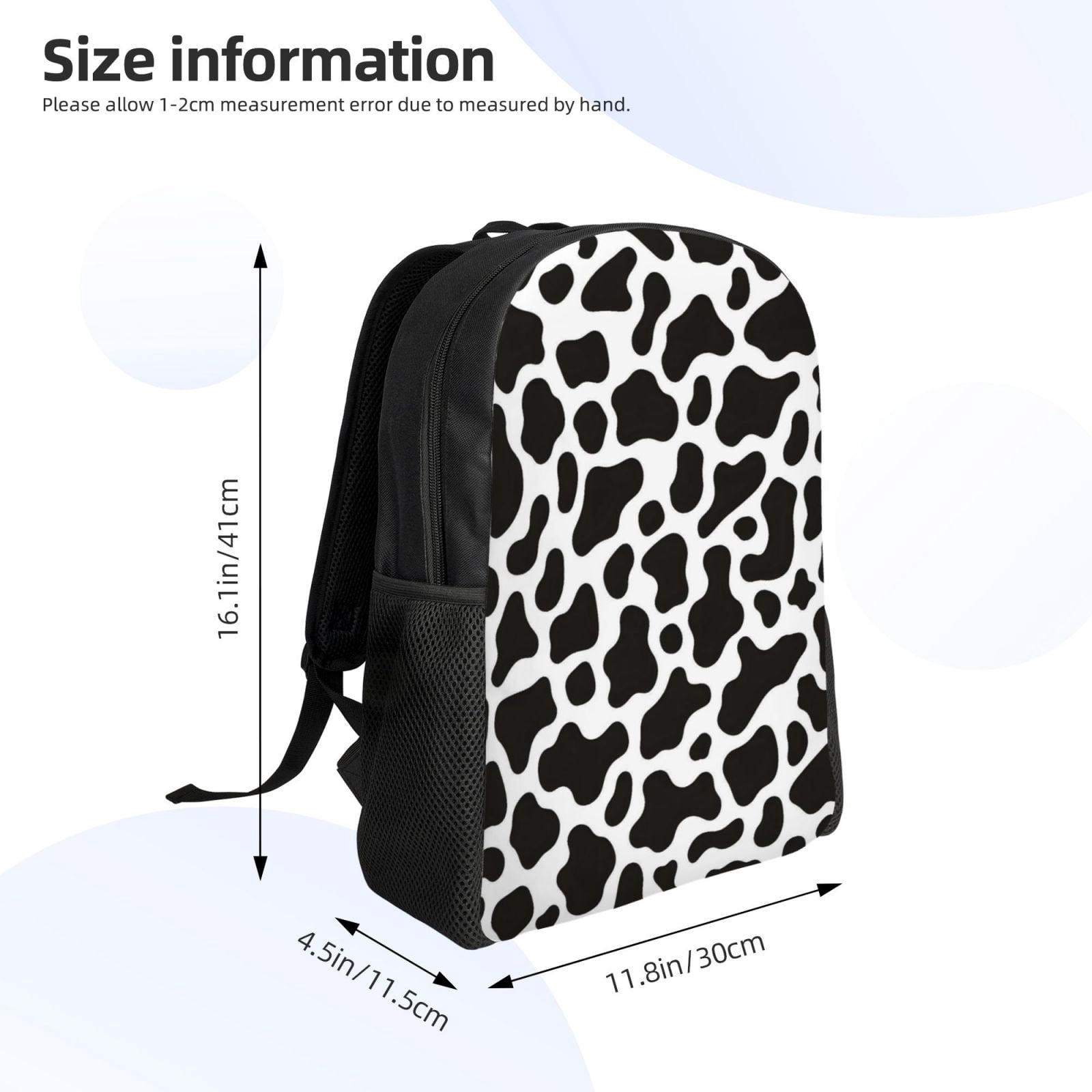 Single Side Full Backpack 16.1×11.8×4.5in Large Capacity Breathable Shoulder Belt Leisure Simple And Strong Bearing Capacity Black White Cow Print