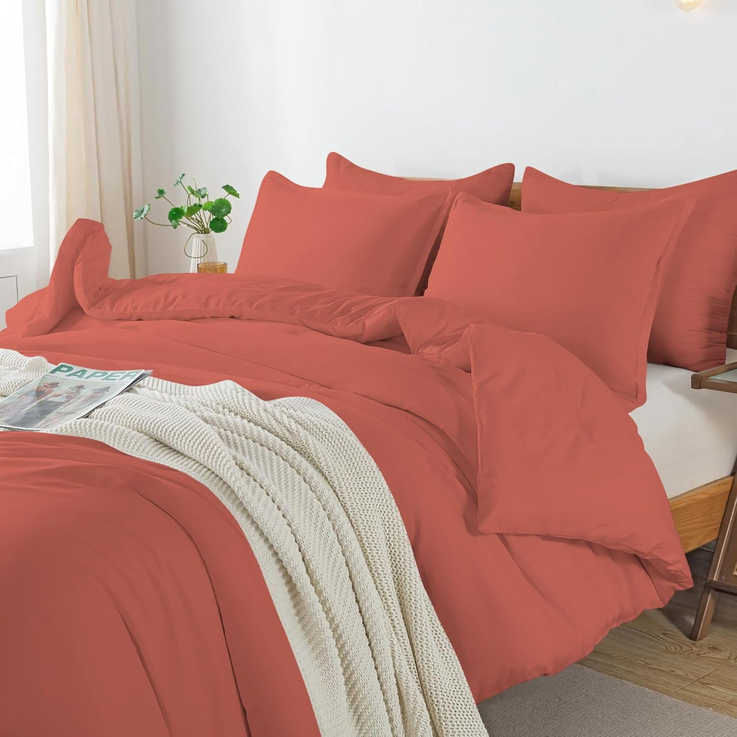 3 Piece Luxury Bottom Tie Pattern Comforter Set, 800 TC, 100% Egyptian Cotton, Super King Size Brick Red Solid