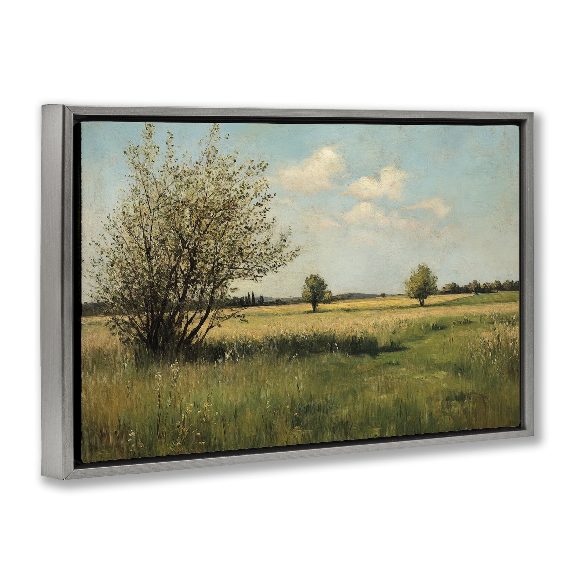 Stupell Industries Peaceful Meadow Under Serene Sky Gray Framed Floater Canvas Wall Art, design by Petal Prints Design
