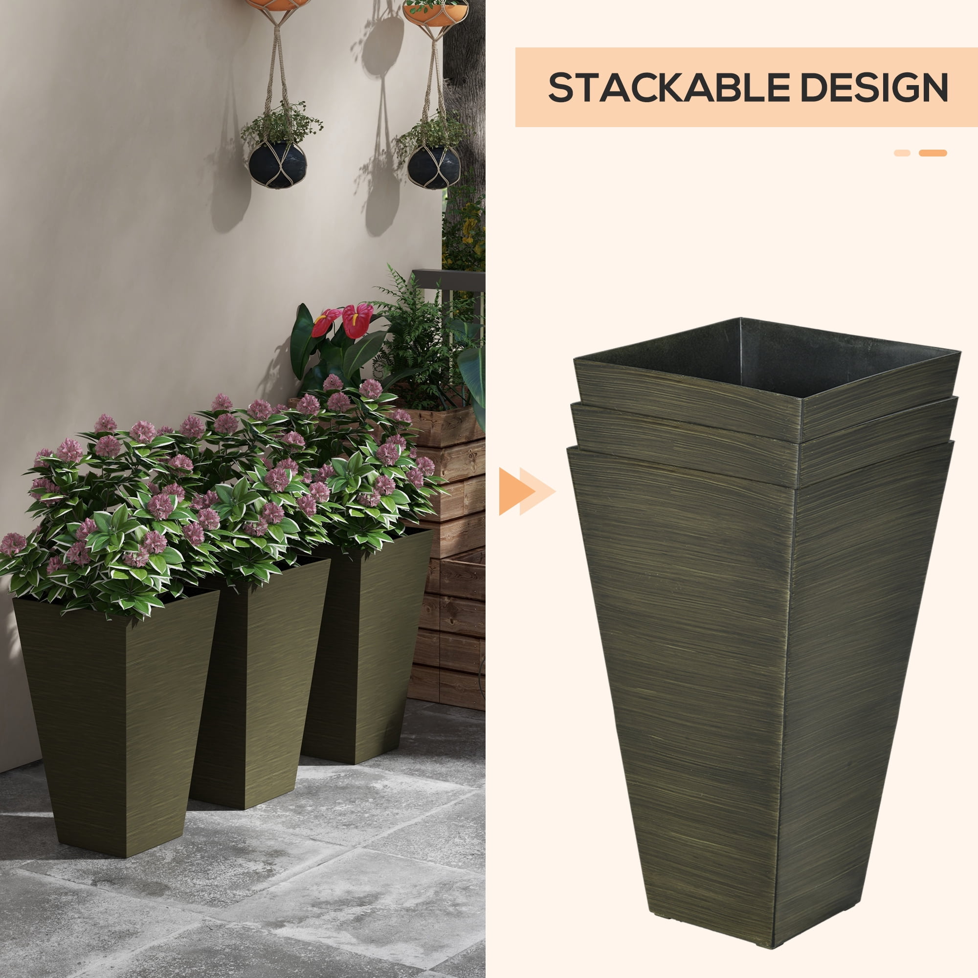 Outsunny Set of 3 Tall Outdoor Planters w/ Drainage Holes, Dark Brown