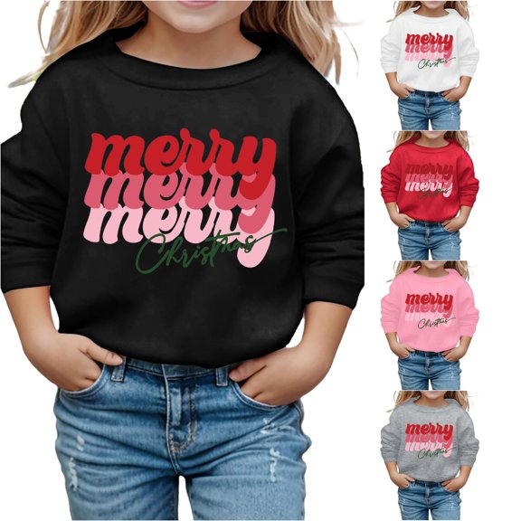 Oiyii Little Girl's Holiday Graphic Sweatshirt For Little Girls Long Sleeve Stacked Merry Letter Print Play Casual Pullover Top,Black