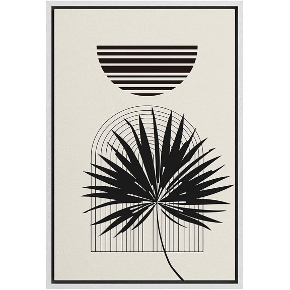 PixonSign Framed Canvas Print Wall Art Duotone Dark Mid-Century Retro Palm Leaf Circle Abstract Shapes Illustrations Modern Art Boho Decorative Chic for Living Room, Bedroom, Office - 16"x24" WHITE