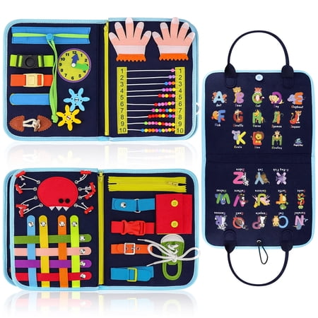 Busy Board for Toddlers 1 2 3 4 Year Old Montessori Toys Sensory Board with 25 Fine Motor Skills & Jigsaw Puzzle for Boys and Girls Travel Toy Educational Activity Developing Learning Basic Skills