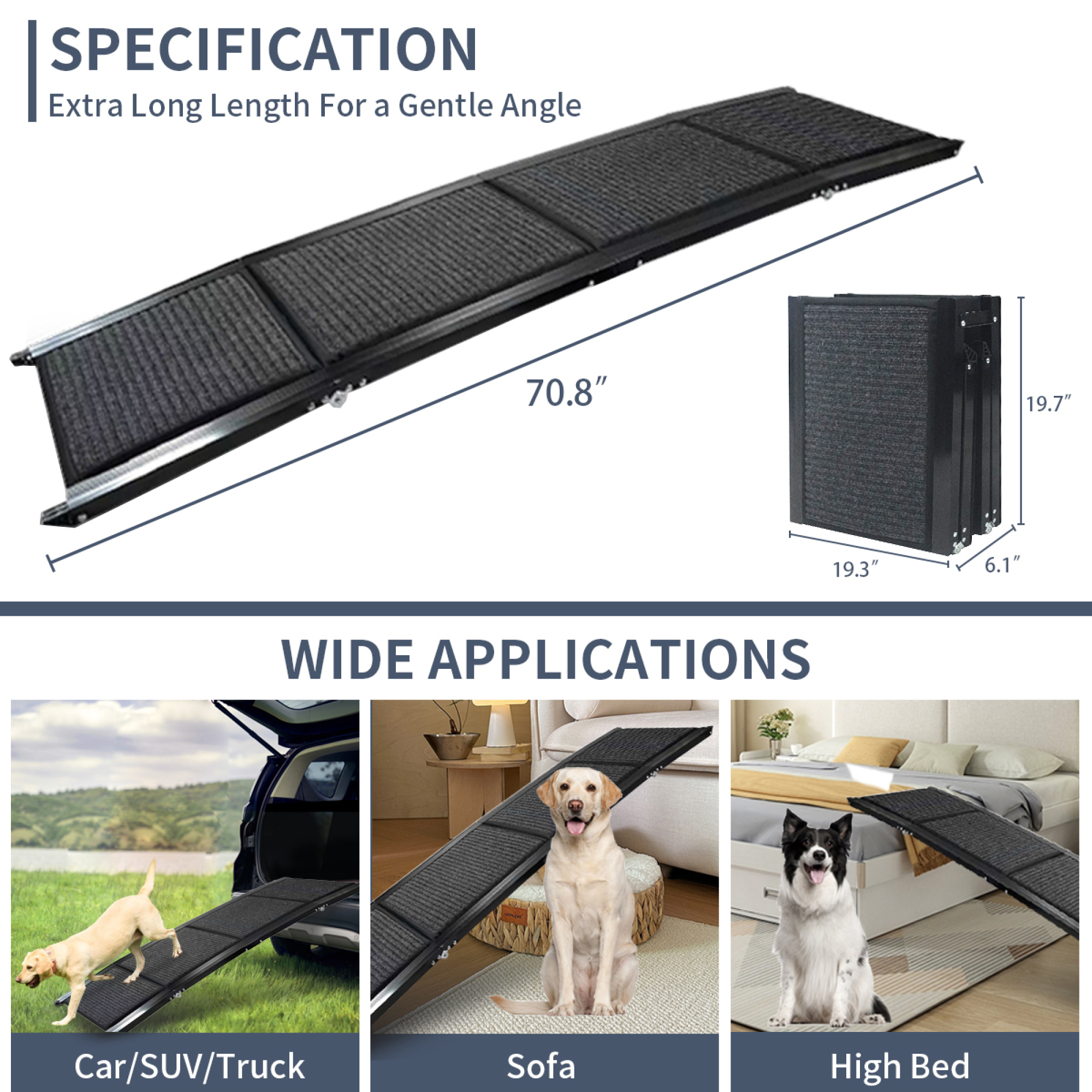 Dog Ramp for Car, 63" Long & 17" Wide Folding Portable Pet Stair Ramp with Non-Slip Rug Surface, Dog Steps for Medium & Large Dogs Up to 250LBS Enter a Car, SUV & Truck