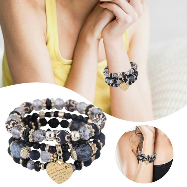 Hearth & Gear Bohemian Style Alloy Heart Pendant Layer Elastic Rope Bracelet For Fashionable Wrist Jewelry Rings And Earrings Set Workout for Men Prom Bracelet Bridesmaid Earrings Statement Earrings