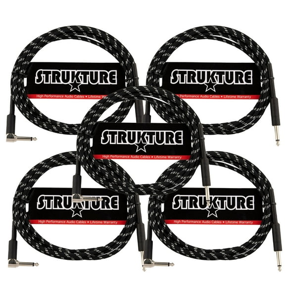 Cable de instrumento Strukture de 10 pies en ángulo recto negro/plateado x5