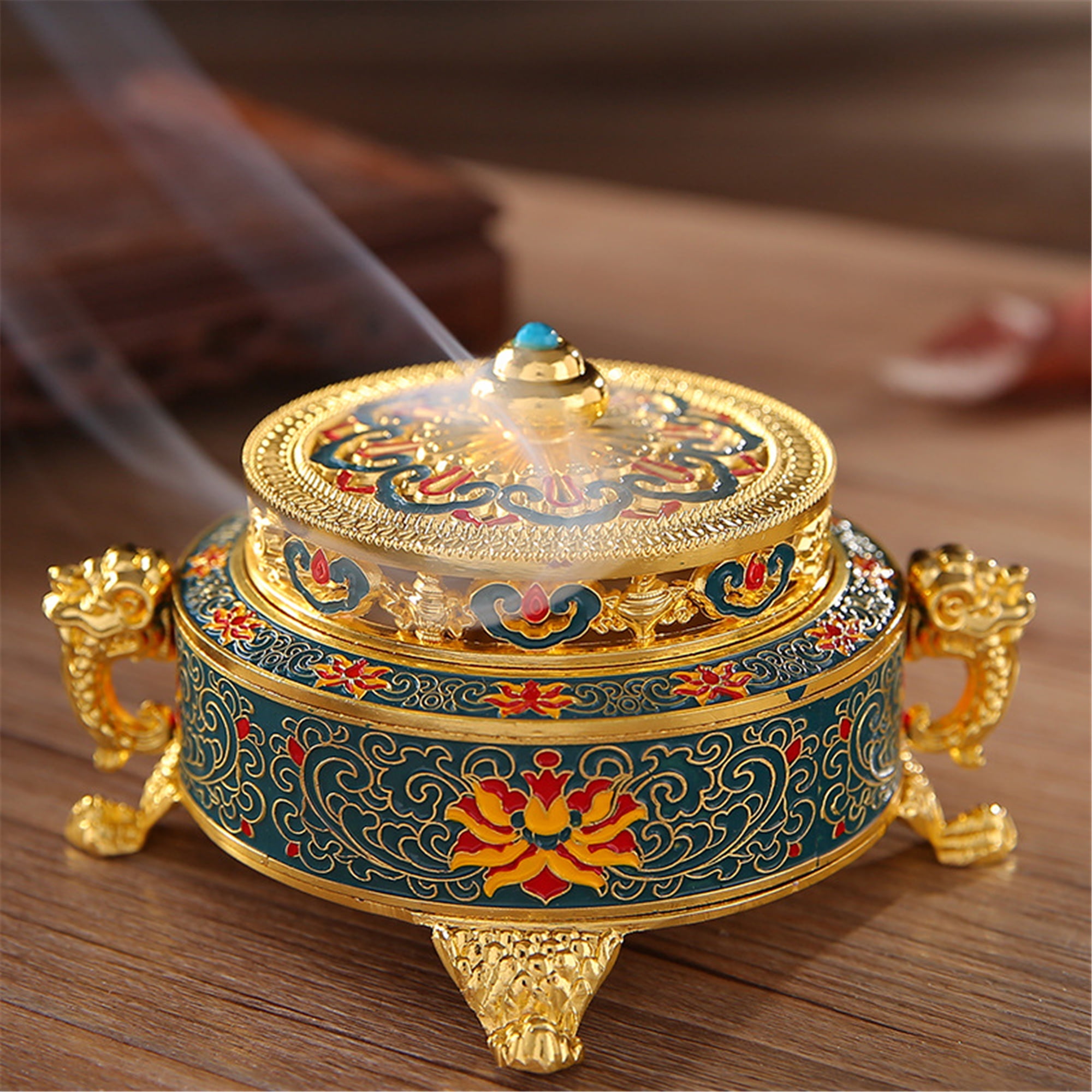 Vintage Incense Burner Holder, Gold & Blue