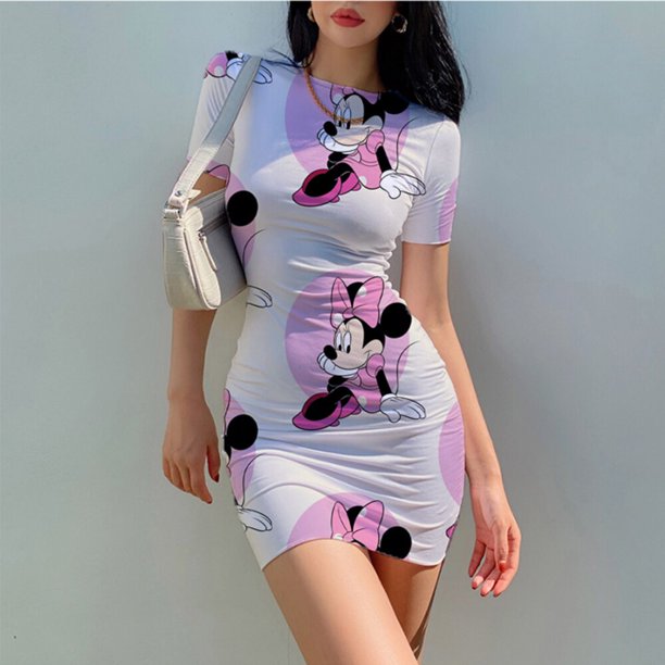 DisneyMinnie Mickey Mouse O neck Short sleeve Bodycon Dress 2022 Summer New Print Cartoon Fashion Sexy Ladies Beach Party DressS Gao Jinjia LED