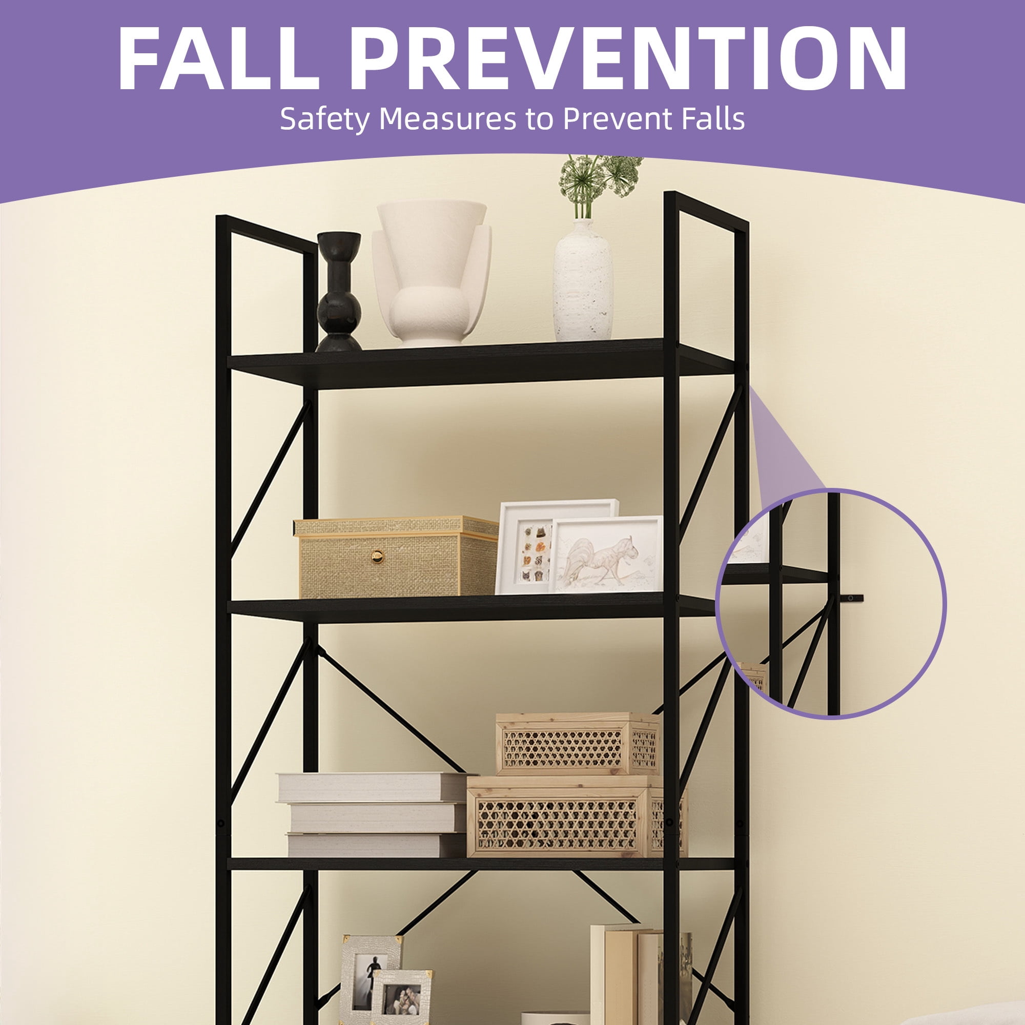 Uforic 5 Tier Bookshelf, Classic Home Office Bookcase Storage Organizer, Free Standing Book Rack,Black