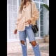 thumbnail image 5 of Blusa Estilo Boyfriend A Rayas con Puños Fruncidos para Mujer, Estilo Túnica Informal con Mangas con Volantes y Bolsillos, Rayas Amarillas L, 5 of 7