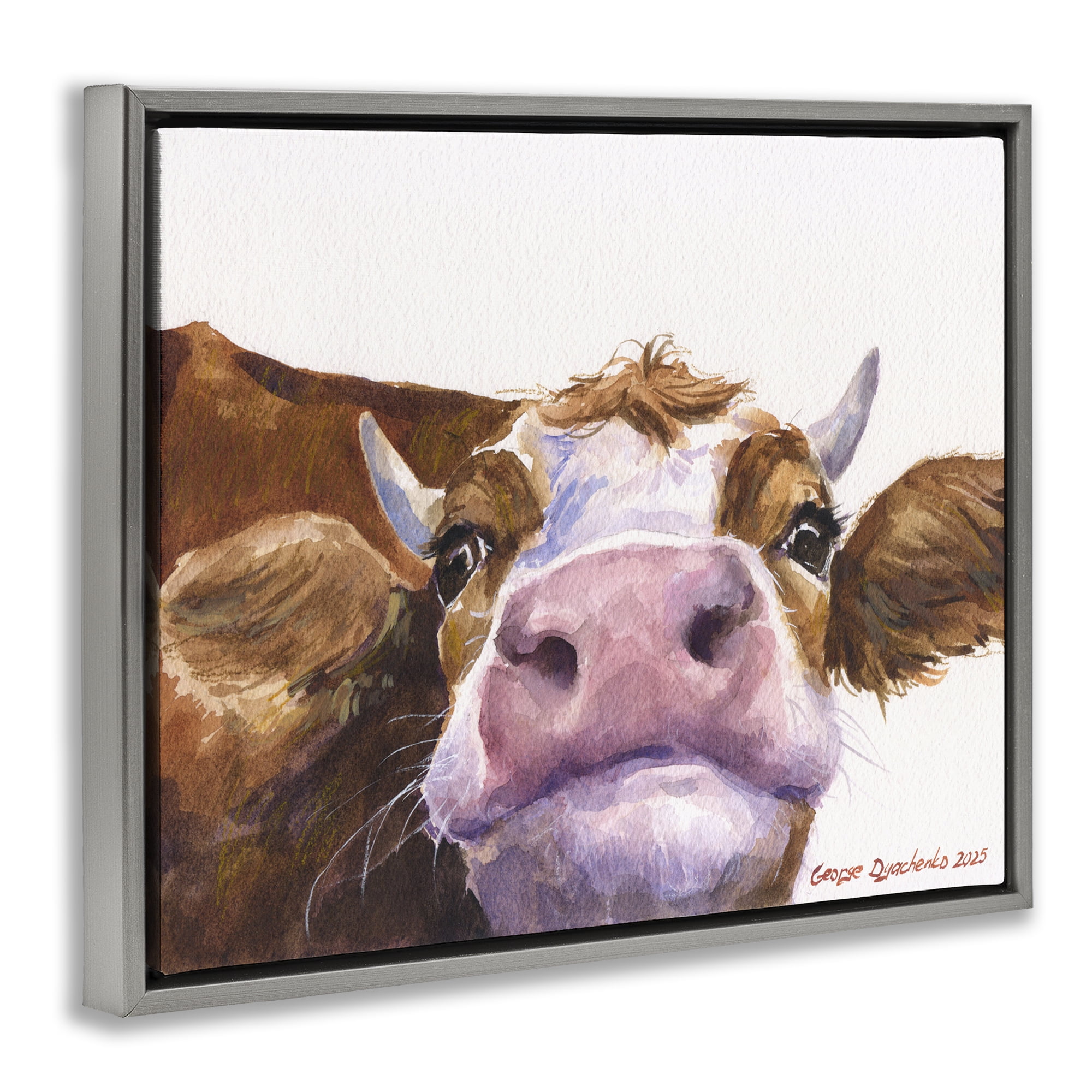 Stupell Industries Cute Cow Close Up Gray Framed Floater Canvas Wall Art, design by George Dyachenko
