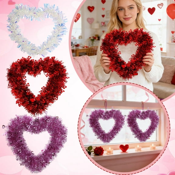 Novelty Valentine's Day Wreath for Front Door, Tinsel Heart Shaped Wreath Hanging Wall Decorations - 11.8 Inches, Valentines Outdoor Décor