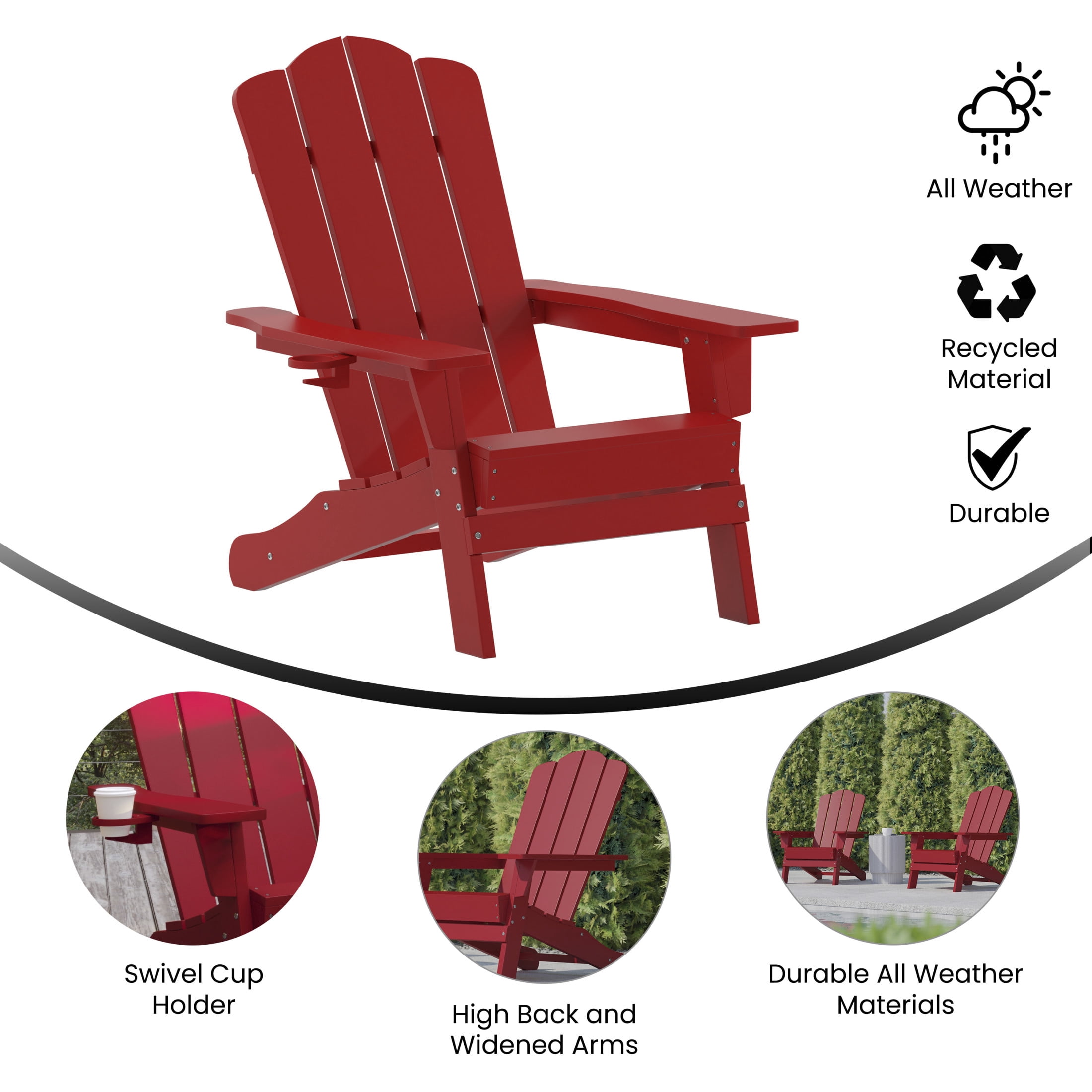 Emma + Oliver Set of 2 Adirondack Chairs with Cup Holders, Weather Resistant HDPE Adirondack Chairs in Red