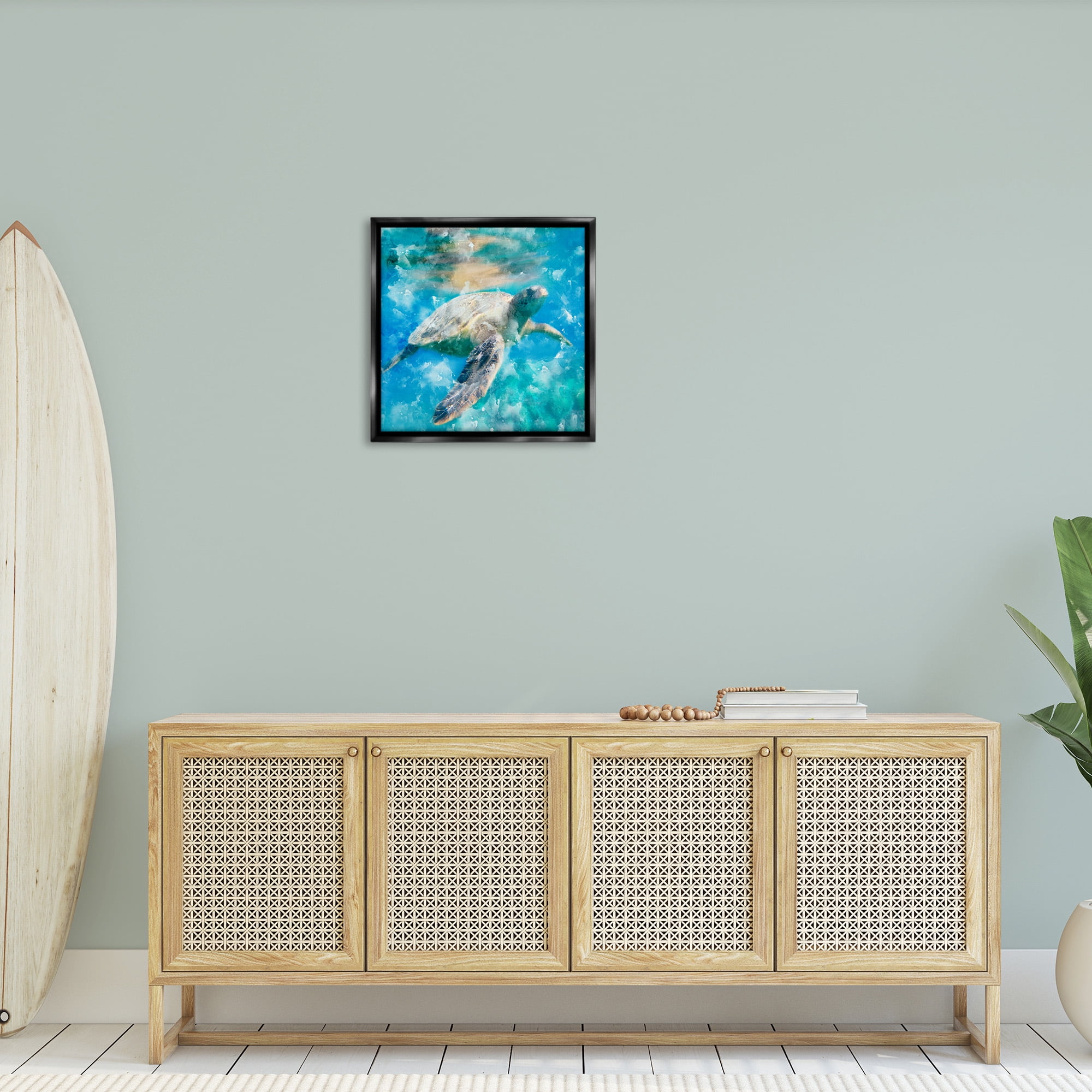 Stupell Industries Aquatic Swimming Sea Turtle Animals & Insects Painting Black Floater Framed Canvas Art Print Wall Art, 25 x 25